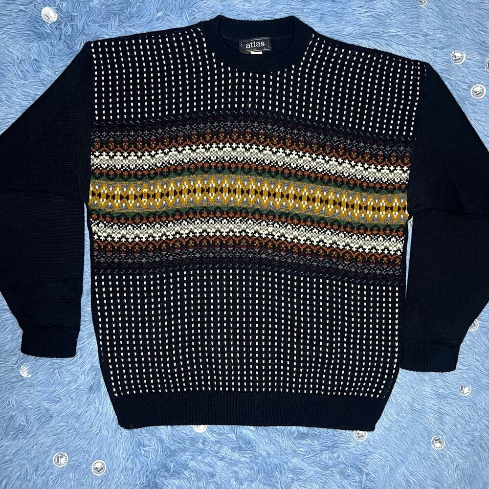 VINTAGE Crewneck Sweater Size Large Mens Navy Blue Fair Isle Atlas Retro 90s